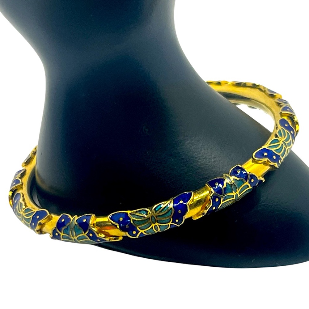 Guilloche butterfly blue enamel gold tone vintage bangle bracelet insect